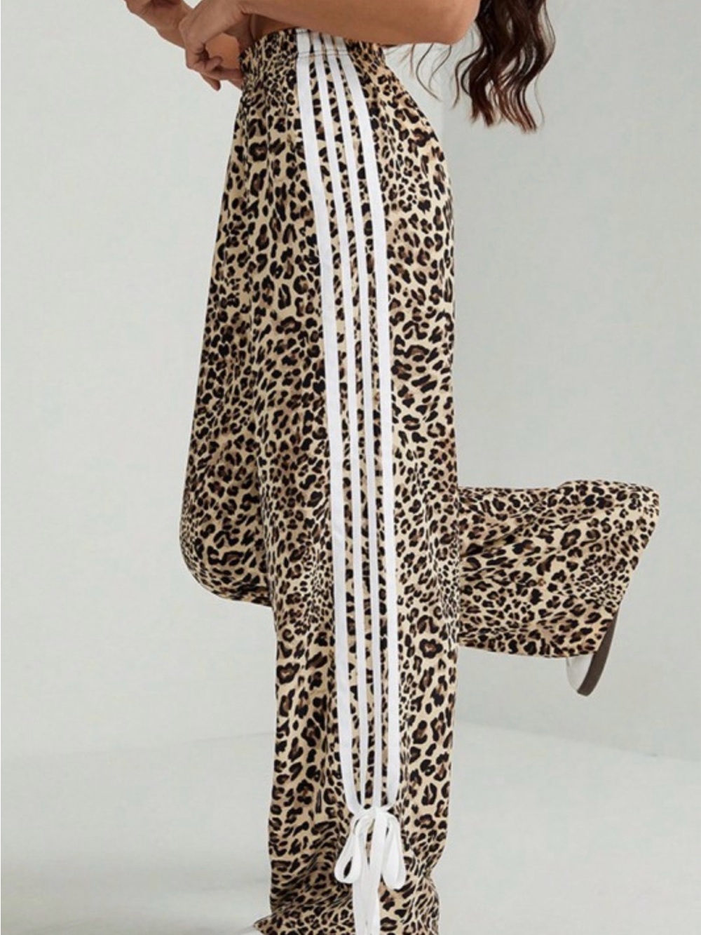 Leopard Print Wide-Leg Pants with Side Stripes - Beige